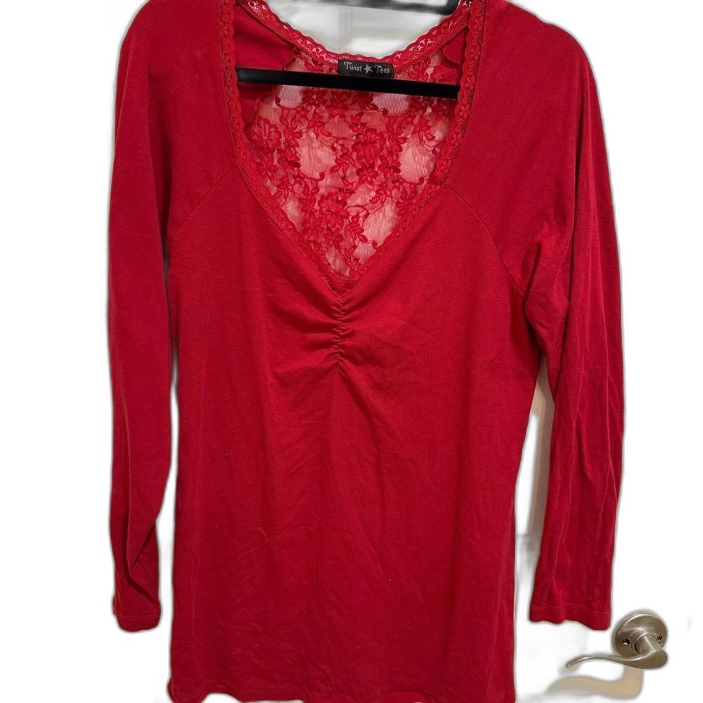 Torrid Twisted Tees Red Ruched 3/4 Sleeve Backless Lace Blouse